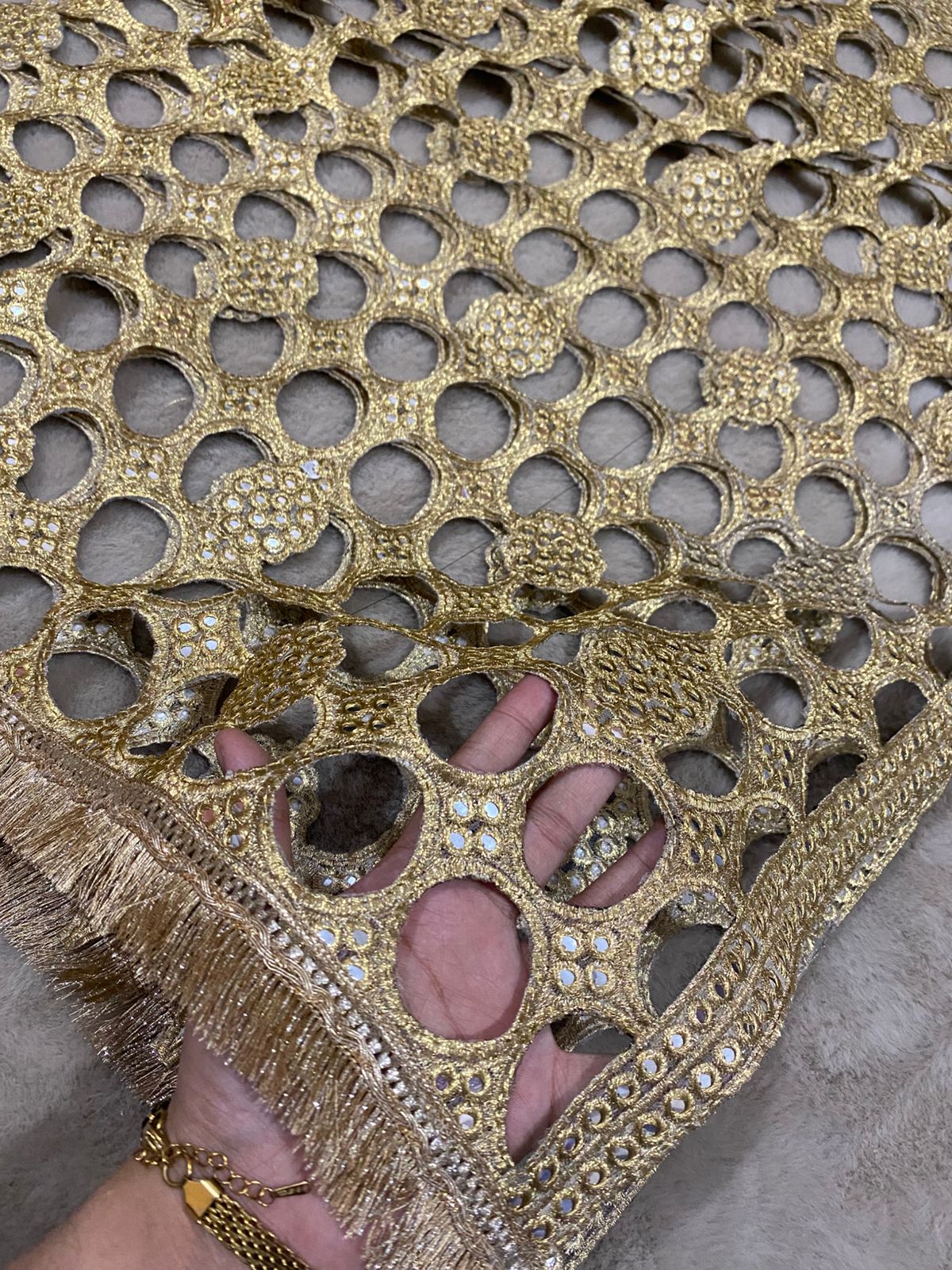 Gold Sheesha Mirror Work Net Dupatta with Fringe Border