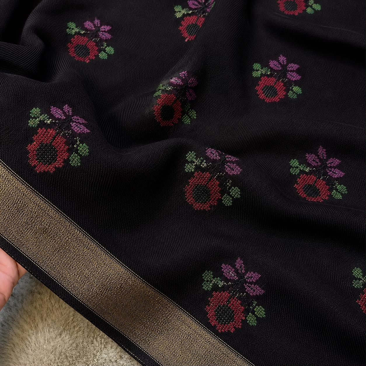 Crossstitch Floral Embroidered Pashmina Shawl