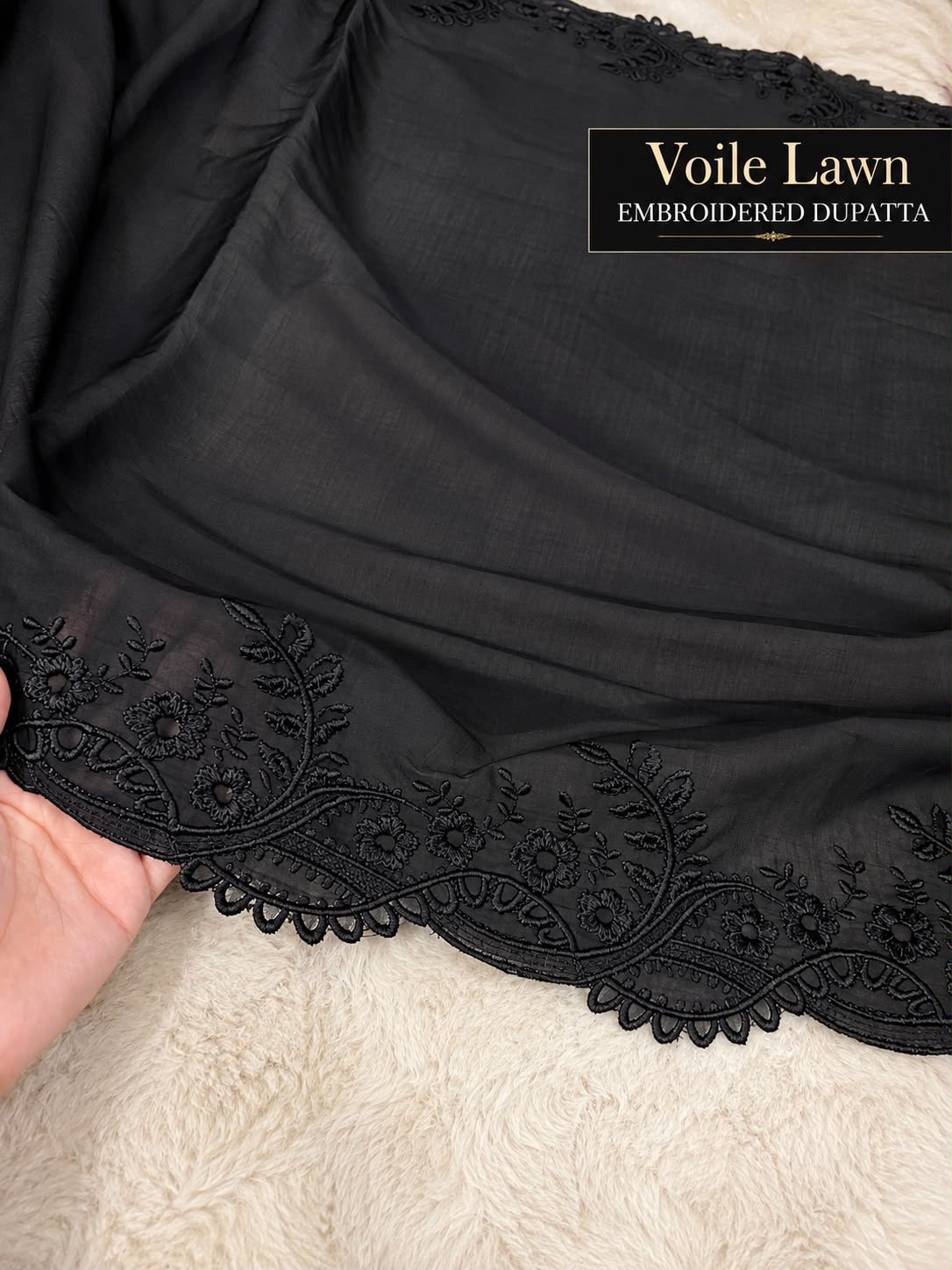 Voile Lawn Embroidered Dupatta – Black